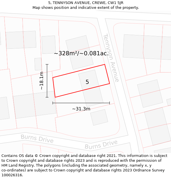 5, TENNYSON AVENUE, CREWE, CW1 5JR: Plot and title map