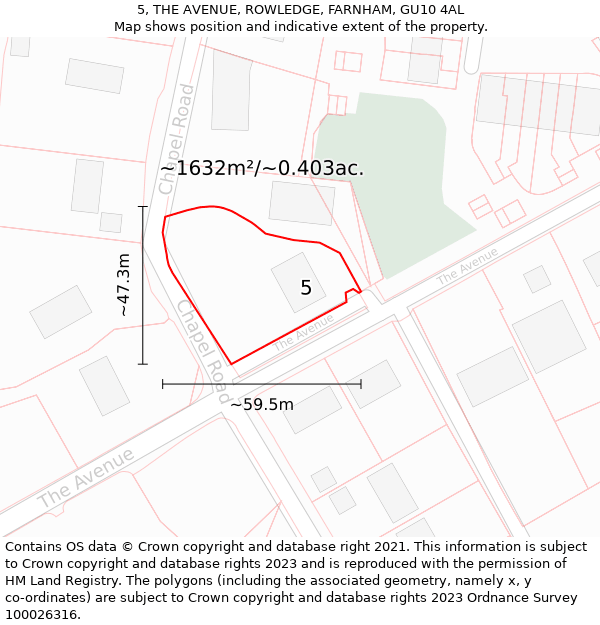 5, THE AVENUE, ROWLEDGE, FARNHAM, GU10 4AL: Plot and title map