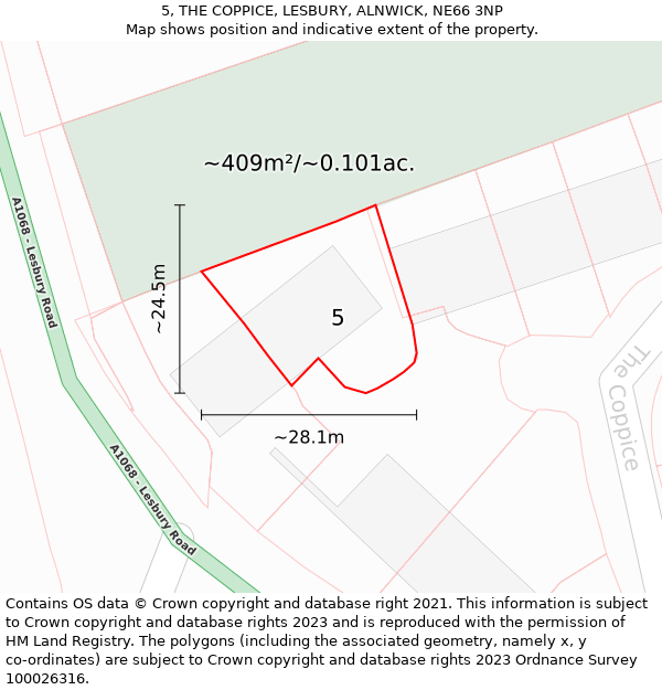 5, THE COPPICE, LESBURY, ALNWICK, NE66 3NP: Plot and title map