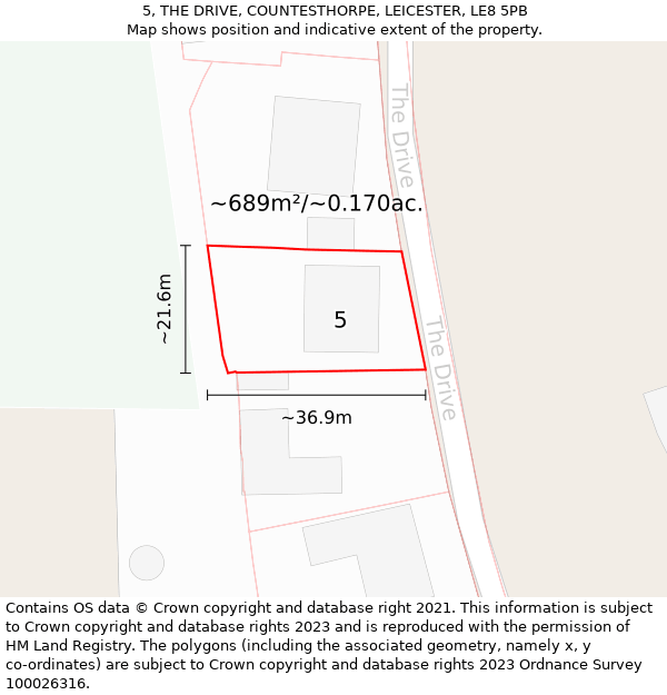 5, THE DRIVE, COUNTESTHORPE, LEICESTER, LE8 5PB: Plot and title map