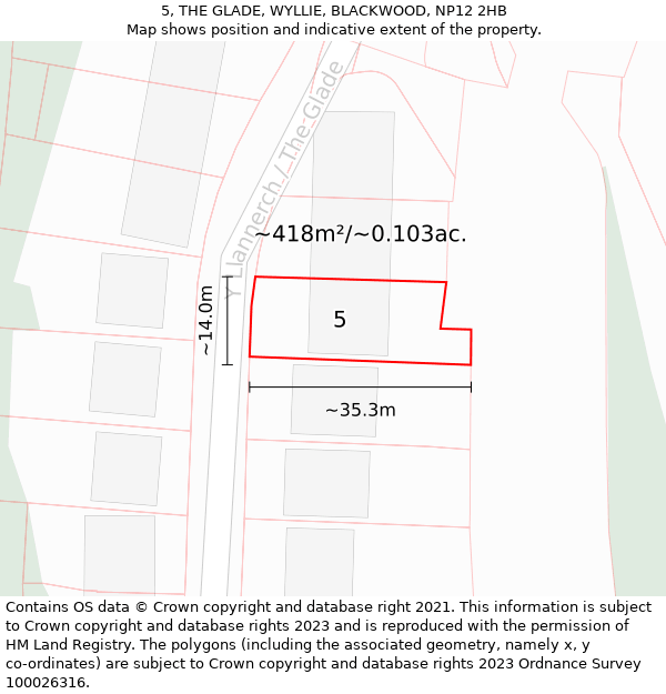 5, THE GLADE, WYLLIE, BLACKWOOD, NP12 2HB: Plot and title map