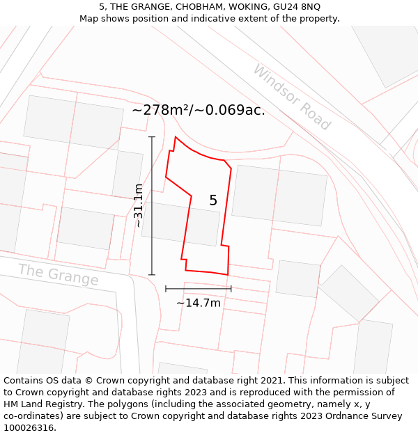 5, THE GRANGE, CHOBHAM, WOKING, GU24 8NQ: Plot and title map