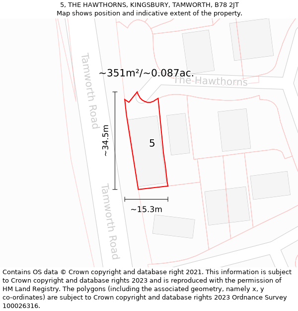 5, THE HAWTHORNS, KINGSBURY, TAMWORTH, B78 2JT: Plot and title map