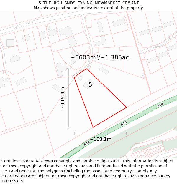 5, THE HIGHLANDS, EXNING, NEWMARKET, CB8 7NT: Plot and title map