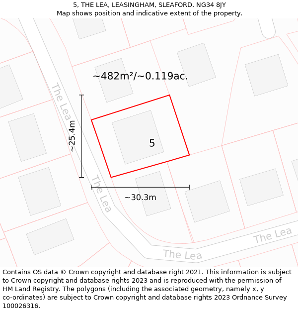 5, THE LEA, LEASINGHAM, SLEAFORD, NG34 8JY: Plot and title map