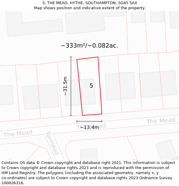 5, THE MEAD, HYTHE, SOUTHAMPTON, SO45 5AX: Plot and title map