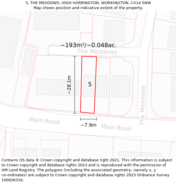 5, THE MEADOWS, HIGH HARRINGTON, WORKINGTON, CA14 5NW: Plot and title map