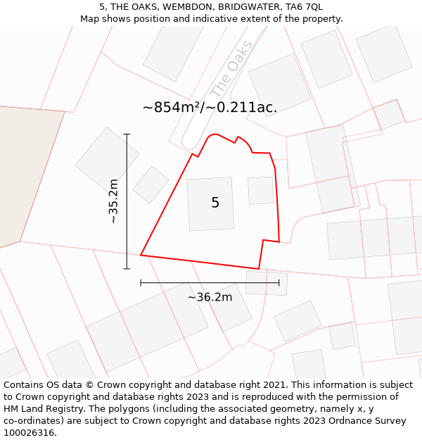 5, THE OAKS, WEMBDON, BRIDGWATER, TA6 7QL: Plot and title map