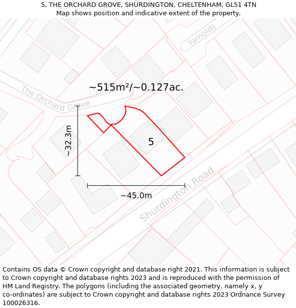 5, THE ORCHARD GROVE, SHURDINGTON, CHELTENHAM, GL51 4TN: Plot and title map