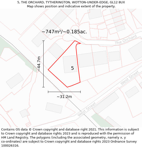 5, THE ORCHARD, TYTHERINGTON, WOTTON-UNDER-EDGE, GL12 8UX: Plot and title map