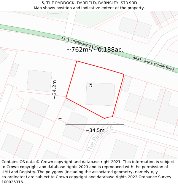 5, THE PADDOCK, DARFIELD, BARNSLEY, S73 9BD: Plot and title map