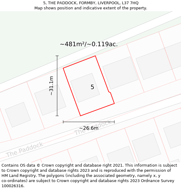 5, THE PADDOCK, FORMBY, LIVERPOOL, L37 7HQ: Plot and title map