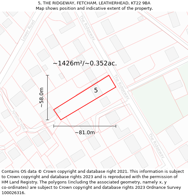 5, THE RIDGEWAY, FETCHAM, LEATHERHEAD, KT22 9BA: Plot and title map