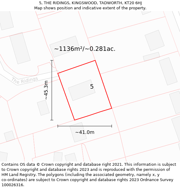 5, THE RIDINGS, KINGSWOOD, TADWORTH, KT20 6HJ: Plot and title map