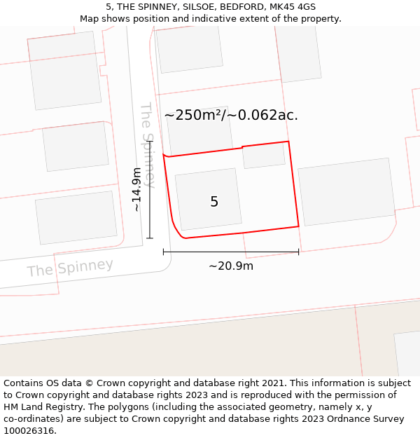 5, THE SPINNEY, SILSOE, BEDFORD, MK45 4GS: Plot and title map