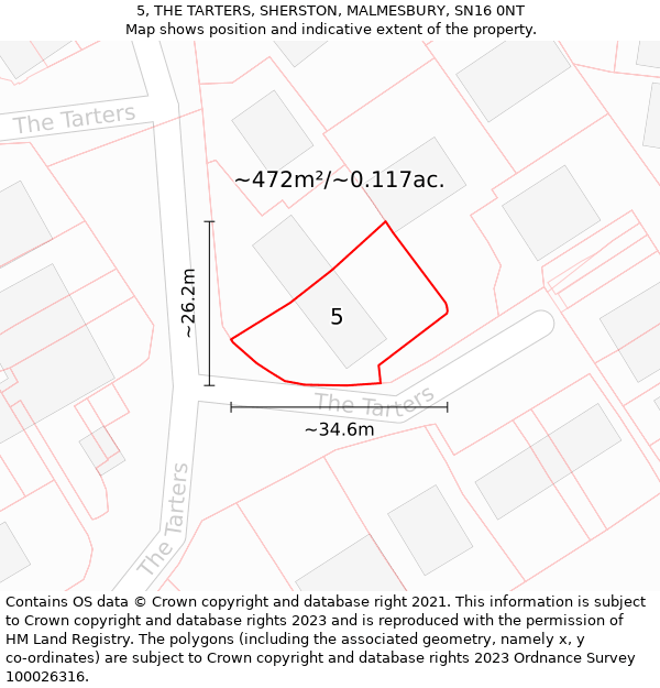 5, THE TARTERS, SHERSTON, MALMESBURY, SN16 0NT: Plot and title map