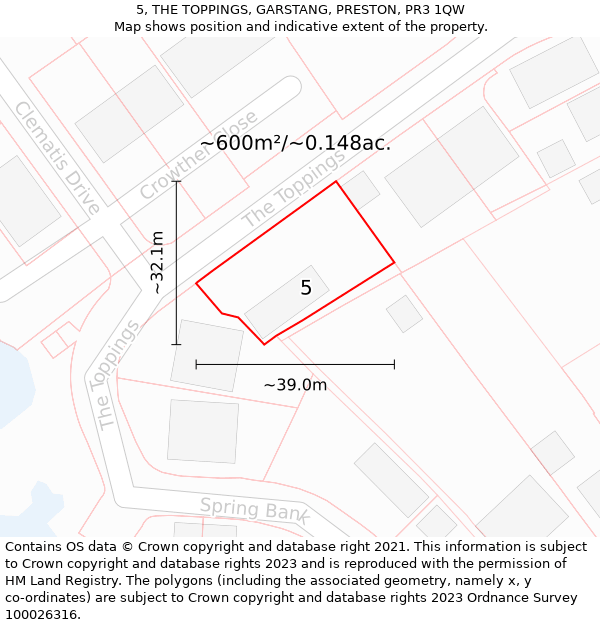 5, THE TOPPINGS, GARSTANG, PRESTON, PR3 1QW: Plot and title map