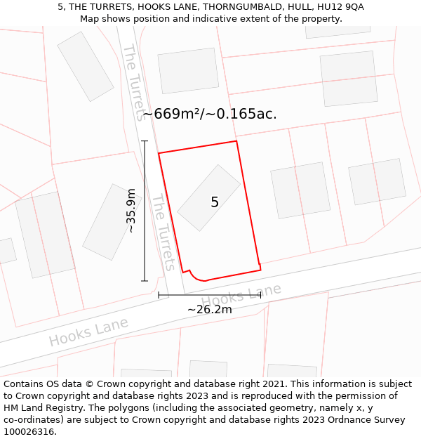 5, THE TURRETS, HOOKS LANE, THORNGUMBALD, HULL, HU12 9QA: Plot and title map