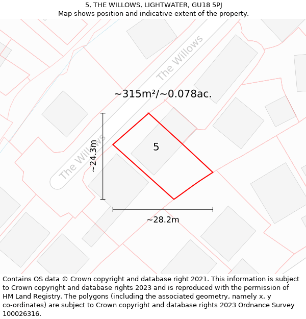 5, THE WILLOWS, LIGHTWATER, GU18 5PJ: Plot and title map