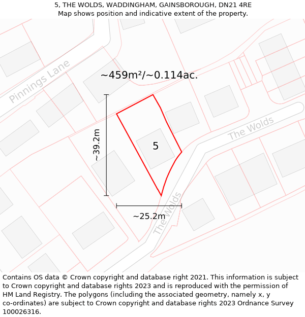 5, THE WOLDS, WADDINGHAM, GAINSBOROUGH, DN21 4RE: Plot and title map