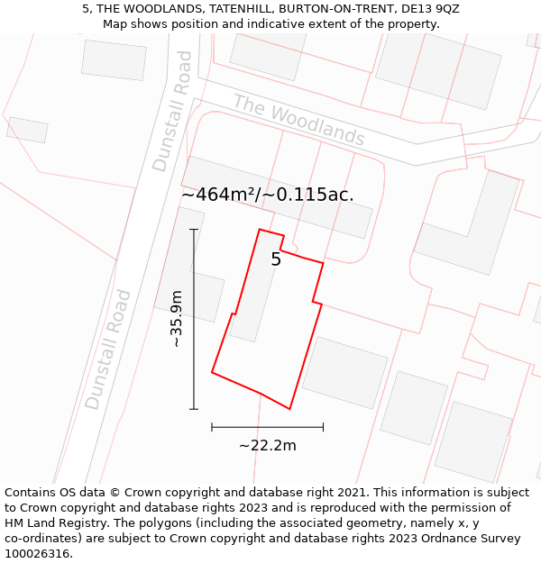 5, THE WOODLANDS, TATENHILL, BURTON-ON-TRENT, DE13 9QZ: Plot and title map