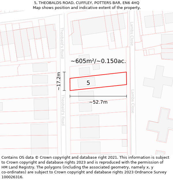 5, THEOBALDS ROAD, CUFFLEY, POTTERS BAR, EN6 4HQ: Plot and title map