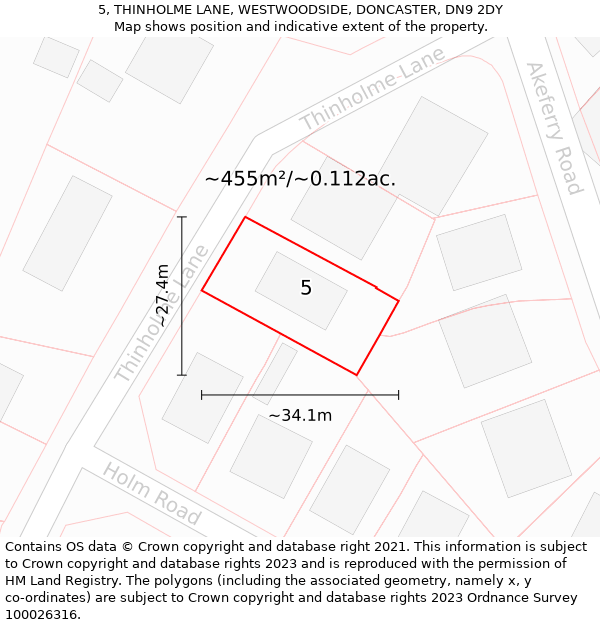 5, THINHOLME LANE, WESTWOODSIDE, DONCASTER, DN9 2DY: Plot and title map