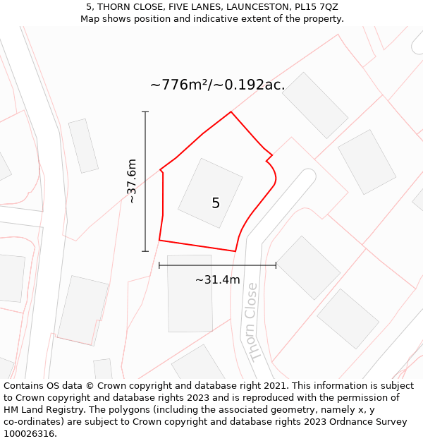 5, THORN CLOSE, FIVE LANES, LAUNCESTON, PL15 7QZ: Plot and title map