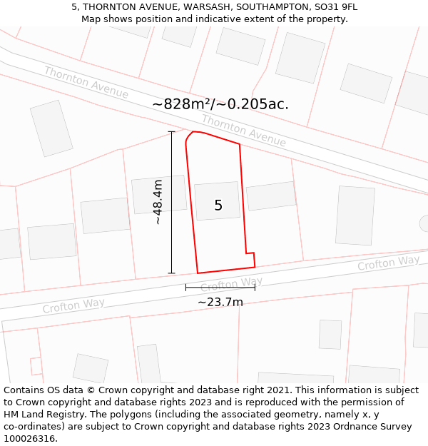 5, THORNTON AVENUE, WARSASH, SOUTHAMPTON, SO31 9FL: Plot and title map