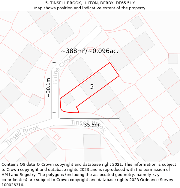 5, TINSELL BROOK, HILTON, DERBY, DE65 5HY: Plot and title map