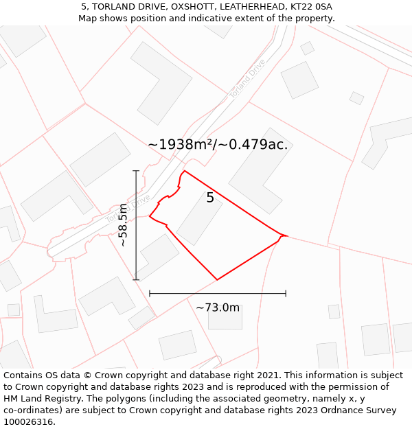 5, TORLAND DRIVE, OXSHOTT, LEATHERHEAD, KT22 0SA: Plot and title map