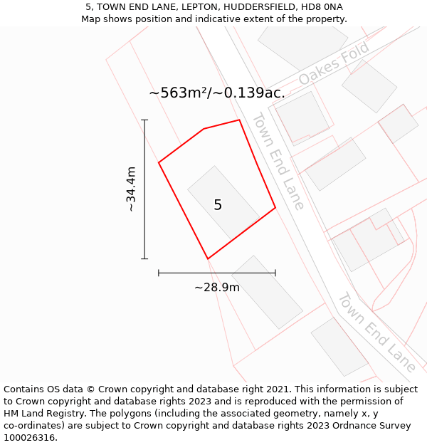 5, TOWN END LANE, LEPTON, HUDDERSFIELD, HD8 0NA: Plot and title map