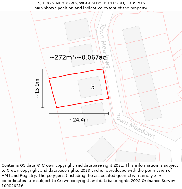 5, TOWN MEADOWS, WOOLSERY, BIDEFORD, EX39 5TS: Plot and title map