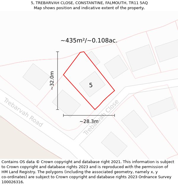 5, TREBARVAH CLOSE, CONSTANTINE, FALMOUTH, TR11 5AQ: Plot and title map