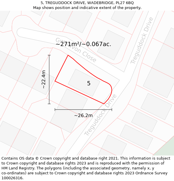 5, TREGUDDOCK DRIVE, WADEBRIDGE, PL27 6BQ: Plot and title map