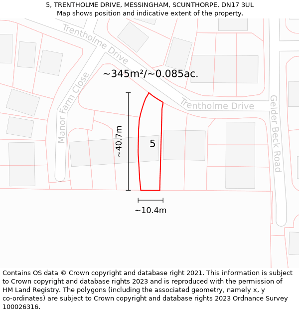 5, TRENTHOLME DRIVE, MESSINGHAM, SCUNTHORPE, DN17 3UL: Plot and title map