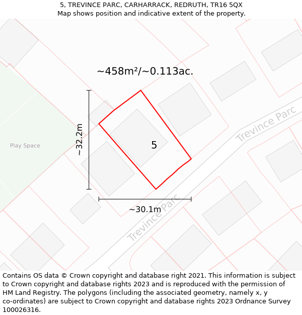 5, TREVINCE PARC, CARHARRACK, REDRUTH, TR16 5QX: Plot and title map