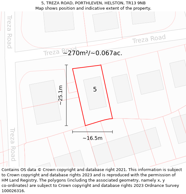 5, TREZA ROAD, PORTHLEVEN, HELSTON, TR13 9NB: Plot and title map