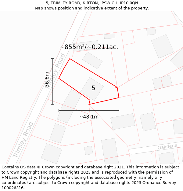 5, TRIMLEY ROAD, KIRTON, IPSWICH, IP10 0QN: Plot and title map