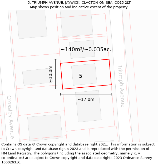 5, TRIUMPH AVENUE, JAYWICK, CLACTON-ON-SEA, CO15 2LT: Plot and title map
