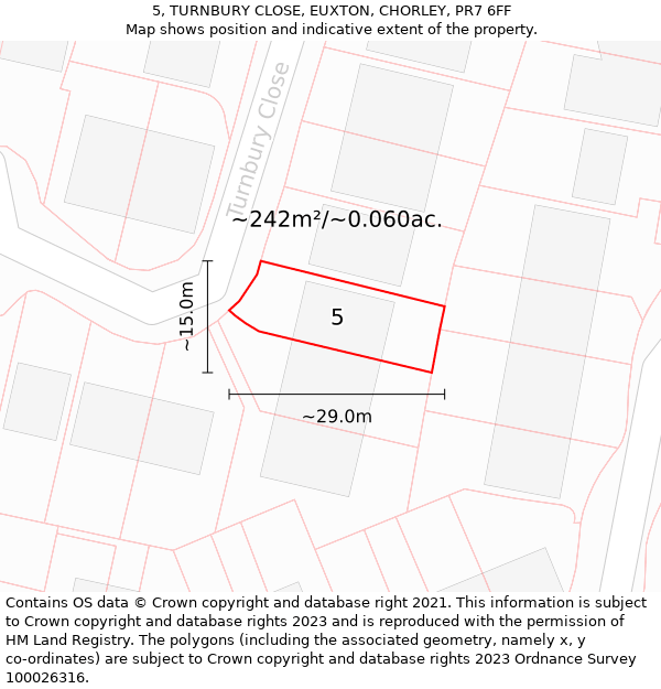 5, TURNBURY CLOSE, EUXTON, CHORLEY, PR7 6FF: Plot and title map