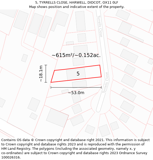 5, TYRRELLS CLOSE, HARWELL, DIDCOT, OX11 0LF: Plot and title map