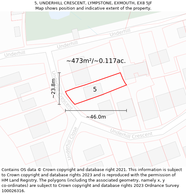 5, UNDERHILL CRESCENT, LYMPSTONE, EXMOUTH, EX8 5JF: Plot and title map