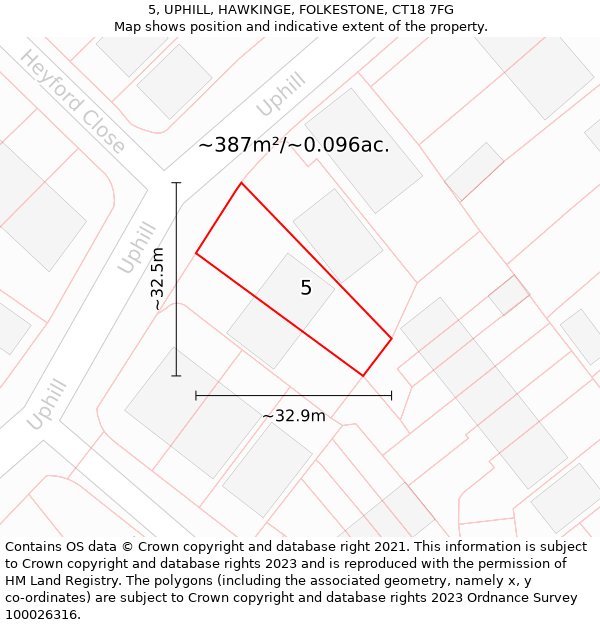 5, UPHILL, HAWKINGE, FOLKESTONE, CT18 7FG: Plot and title map