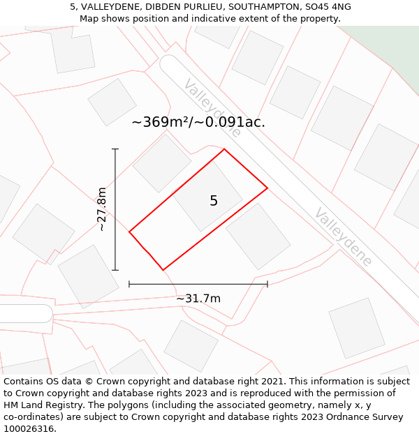 5, VALLEYDENE, DIBDEN PURLIEU, SOUTHAMPTON, SO45 4NG: Plot and title map