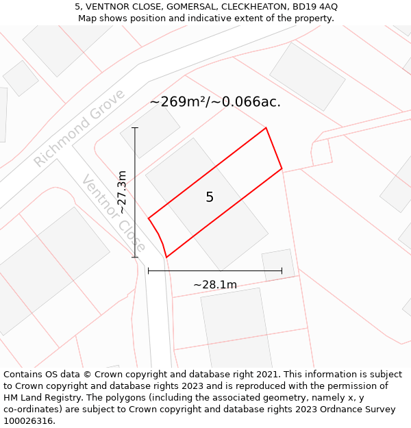 5, VENTNOR CLOSE, GOMERSAL, CLECKHEATON, BD19 4AQ: Plot and title map