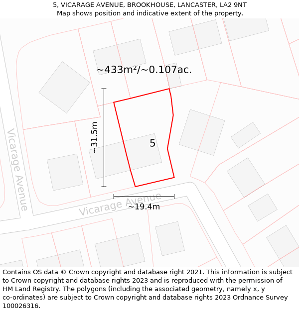 5, VICARAGE AVENUE, BROOKHOUSE, LANCASTER, LA2 9NT: Plot and title map