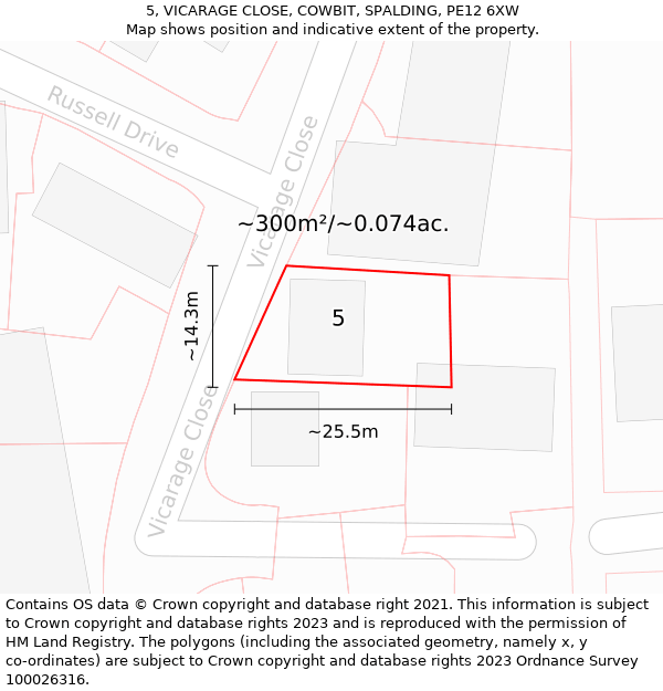 5, VICARAGE CLOSE, COWBIT, SPALDING, PE12 6XW: Plot and title map