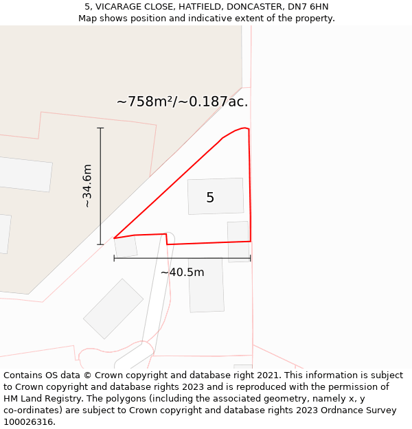 5, VICARAGE CLOSE, HATFIELD, DONCASTER, DN7 6HN: Plot and title map