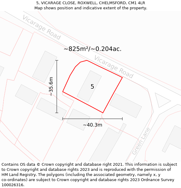 5, VICARAGE CLOSE, ROXWELL, CHELMSFORD, CM1 4LR: Plot and title map